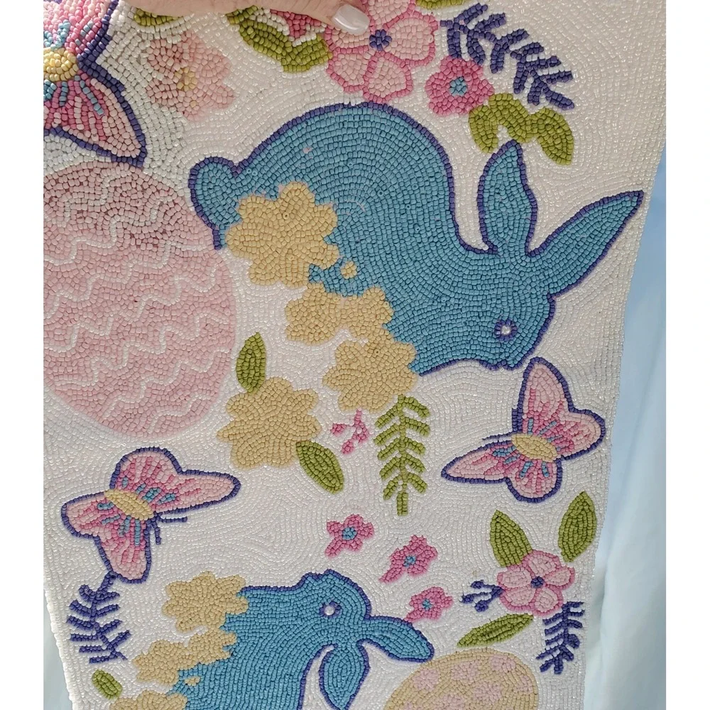 Bedding Craft Beaded Table Runner Easter Bunny Butterfly Floral Pastel 13x36